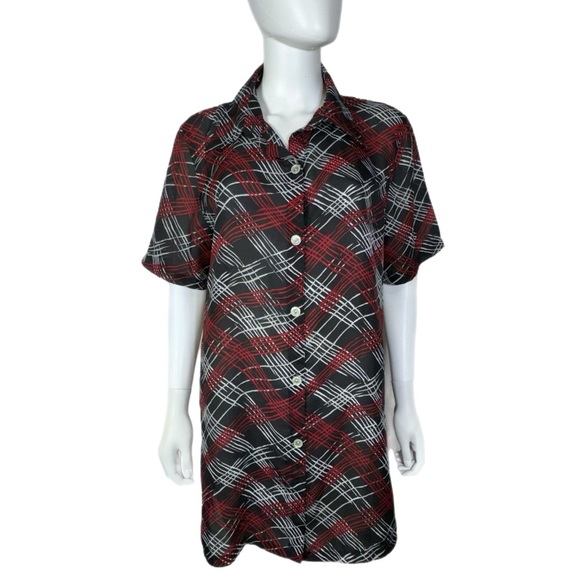 Kathie Lee Collection Red & Black Plaid Sheer Button Down Tunic - Picture 1 of 6